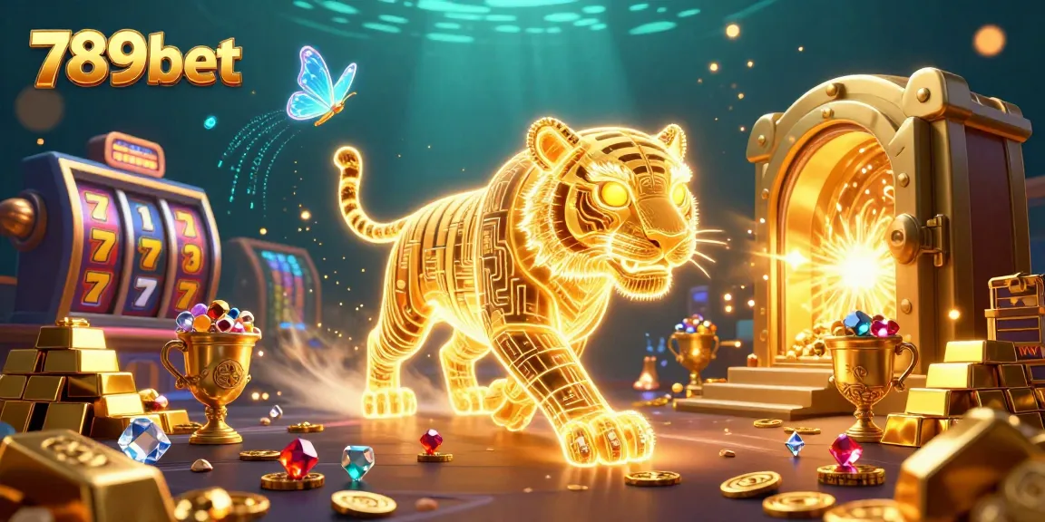 Experience the thrill of 789bet with a vivid digital casino scene featuring a neon tiger amidst dazzling jackpots.