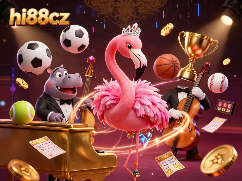 Engage with hi88cz's lively 3D casino scene featuring vibrant characters amidst dynamic sports elements and casino flair.