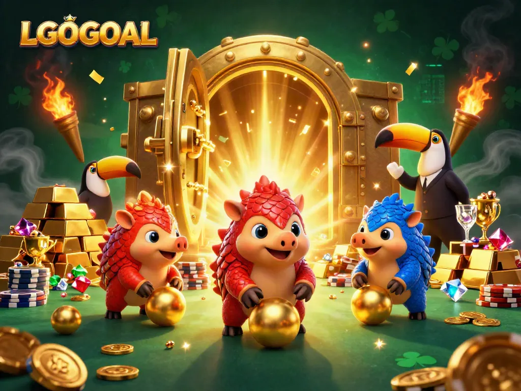 Engage in gaming excitement with LGOGOAL as panoply of animated characters playfully interact in a vibrant casino setting.
