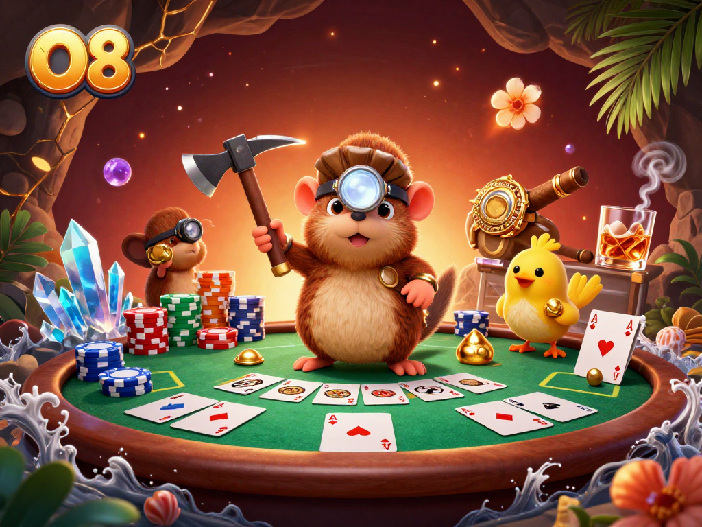 O8 offers premium poker action featuring a treasure hunter and canary in a sparkling cave.