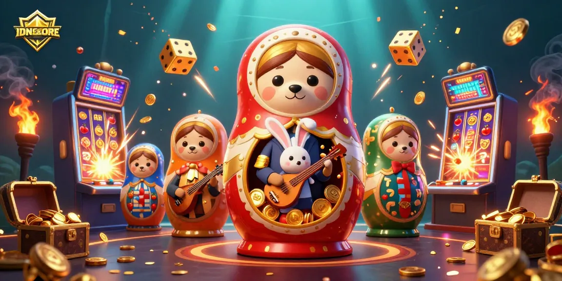IDNSCORE offers interactive gaming with vibrant slot machines and festive characters celebrating wins.