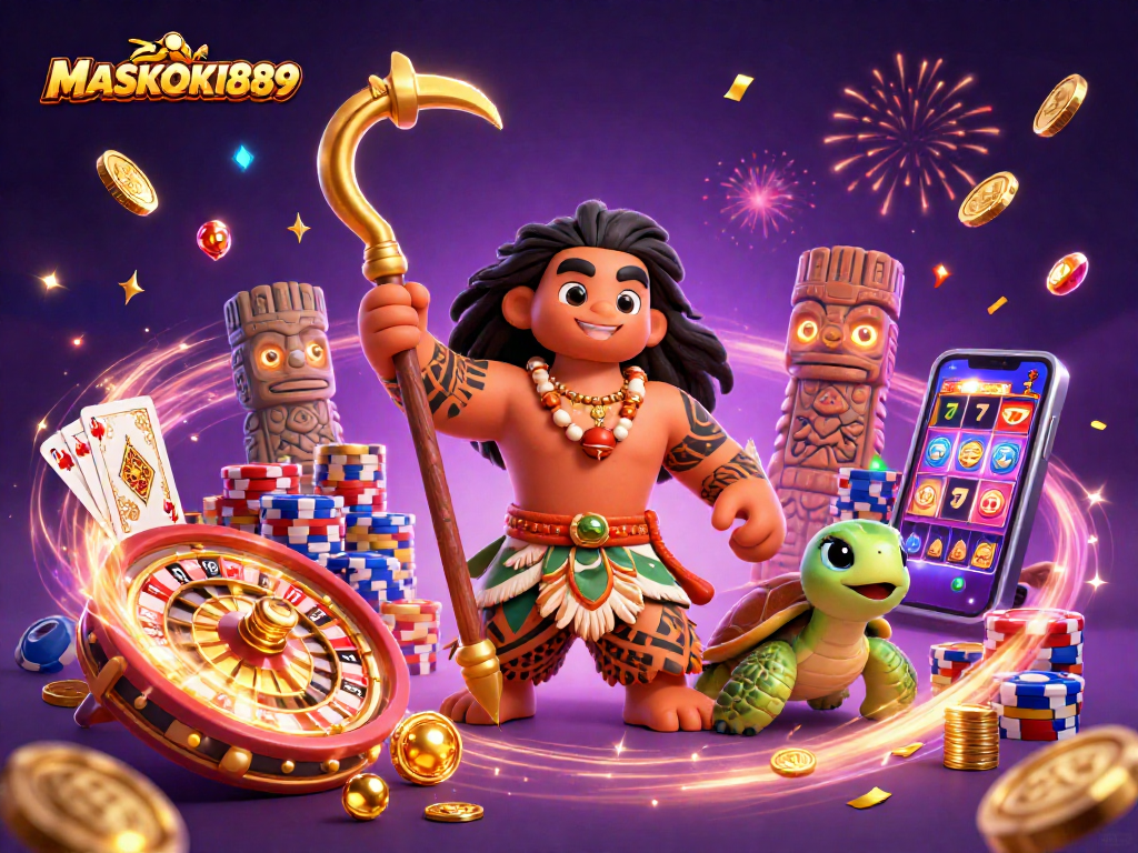 Experience the winning vibes of MASKOKI889 with a vibrant casino illustration featuring dynamic characters and sparkling elements.