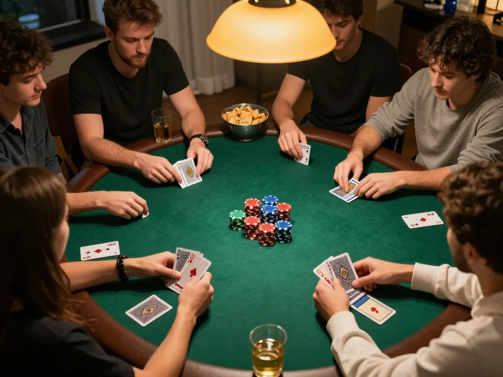 LOTO188 COM players enjoying a friendly poker night at home, showcasing strategic gameplay and camaraderie through lively interactions.