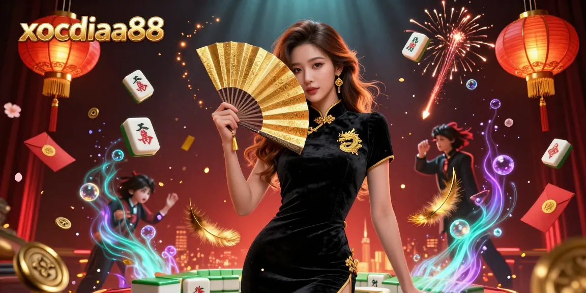 Xocdiaa88 showcases a captivating Asian woman in velvet, enchanting game elements and vibrant colors for online gambling.