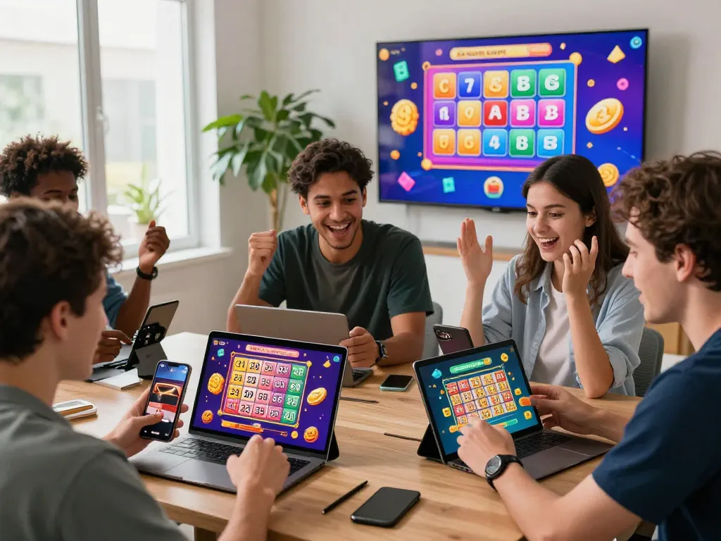 Players excitedly enjoying BetVisa lottery games on mobile devices in a vibrant gaming room.