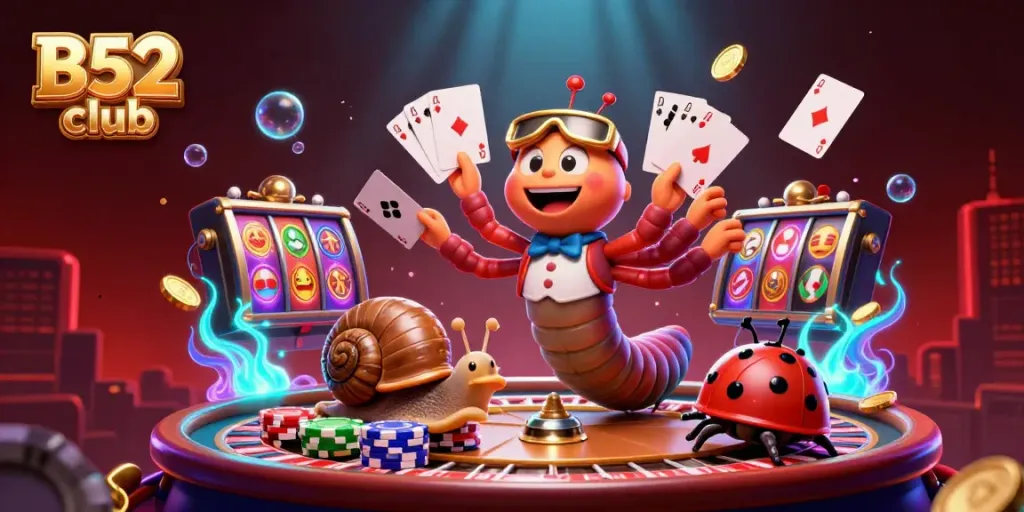 Experience high-stakes action at the B52 club with colorful casino elements and vibrant characters.