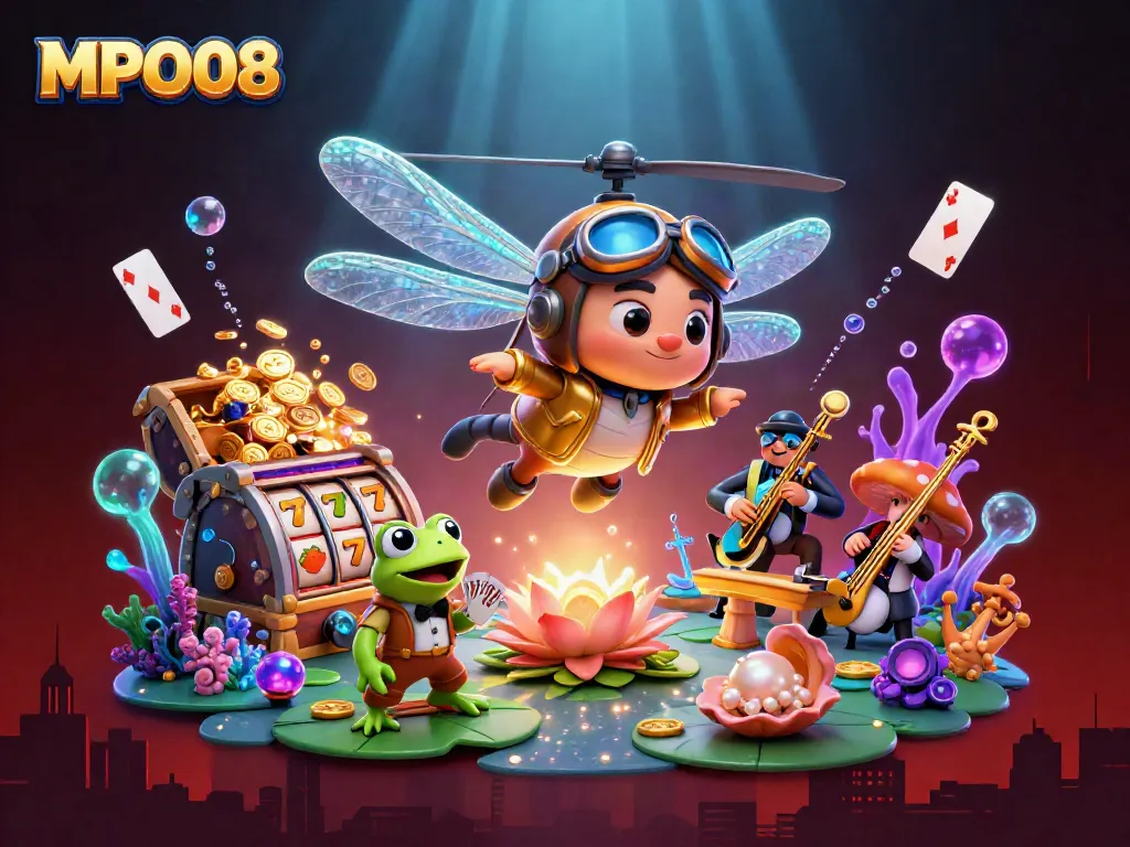 MPO08 captivates with a lively casino scene featuring a dragonfly pilot, frog croupier, and jazz musicians.