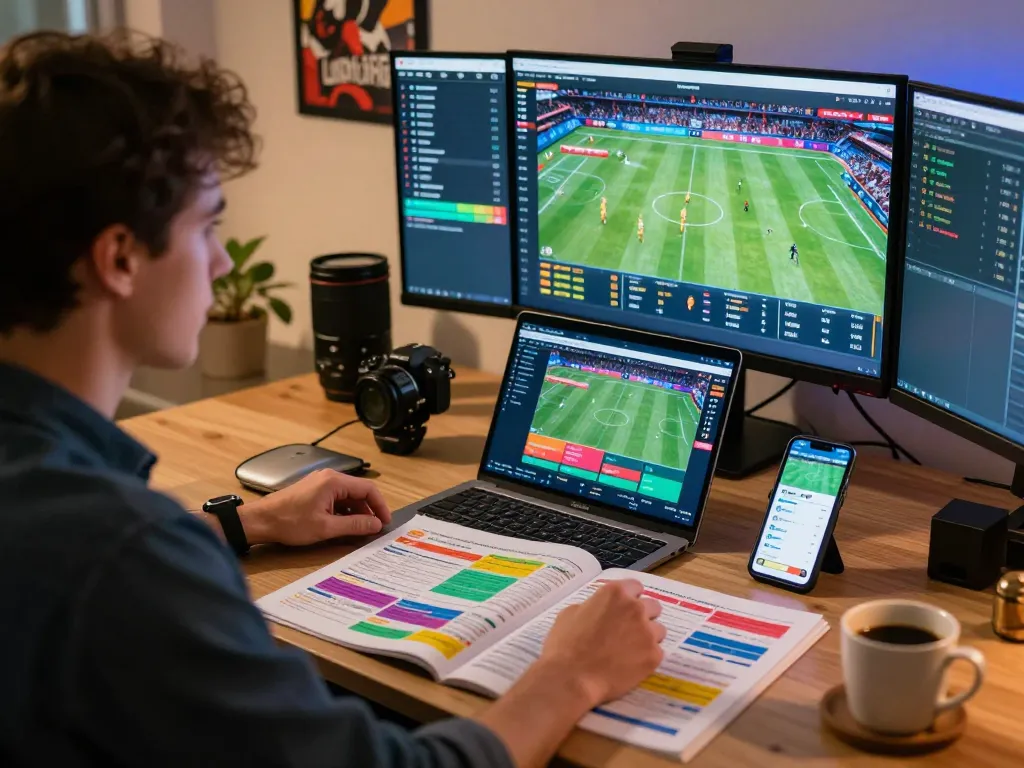 7m sports betting enthusiast analyzing live odds in a home office setup.