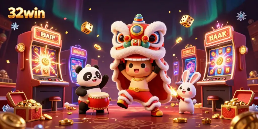 Engage with 32win's vibrant casino scene featuring a Chinese lion dance, excitement, and jackpot winnings.