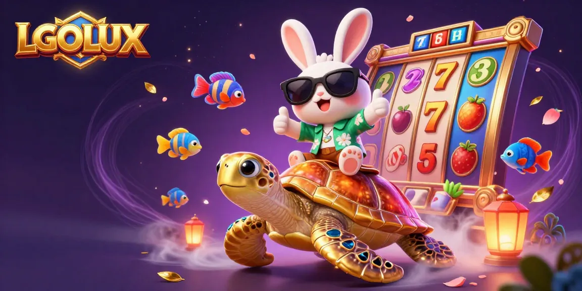 Experience the thrill of winning at LGOLUX with colorful slot reels and a lucky rabbit guiding the fun.