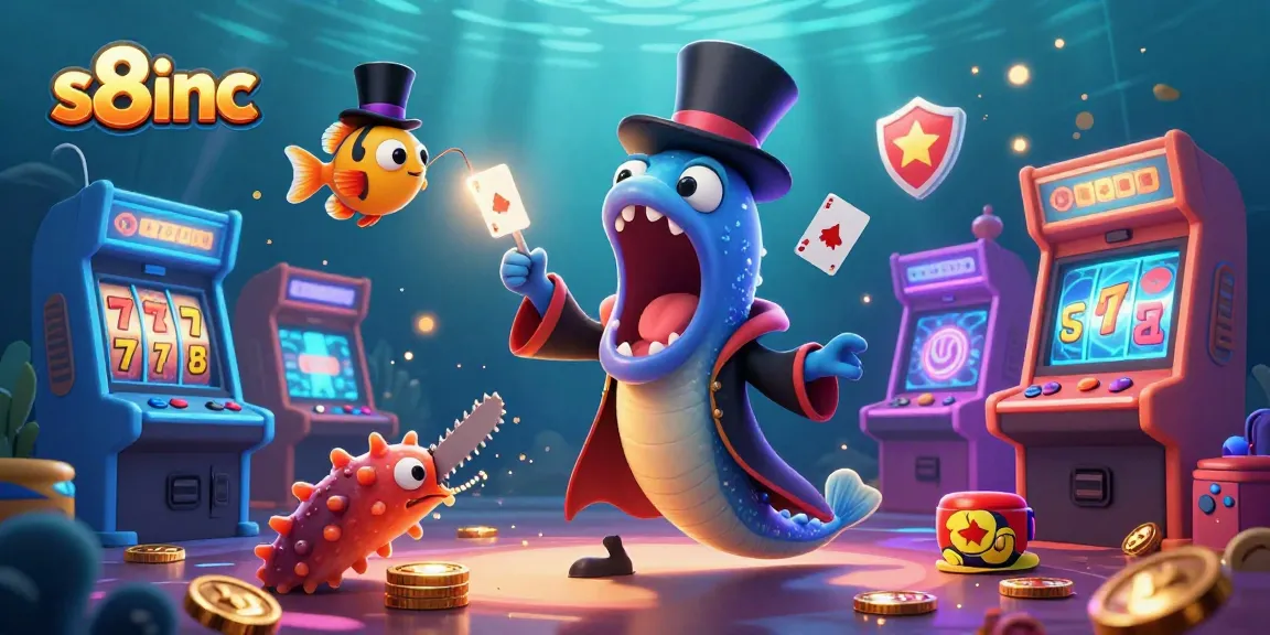 S8inc engaging 3D illustration of unique sea creatures performing magical casino tricks amidst vibrant gaming elements.