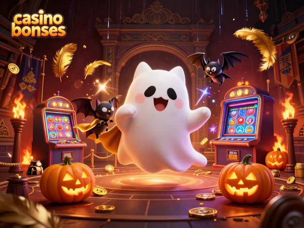 Experience thrilling casino bonuses with a fun ghost cat and vibrant elements in this dazzling scene.