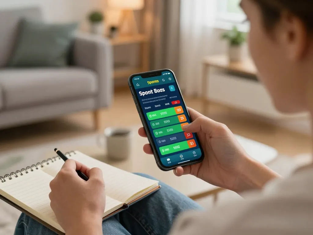 Player engaging in live sports betting on MM88 smartphone app with strategic notes.