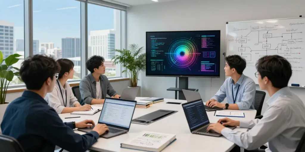 Enterprise AI development team collaborating in a bright tech workspace.