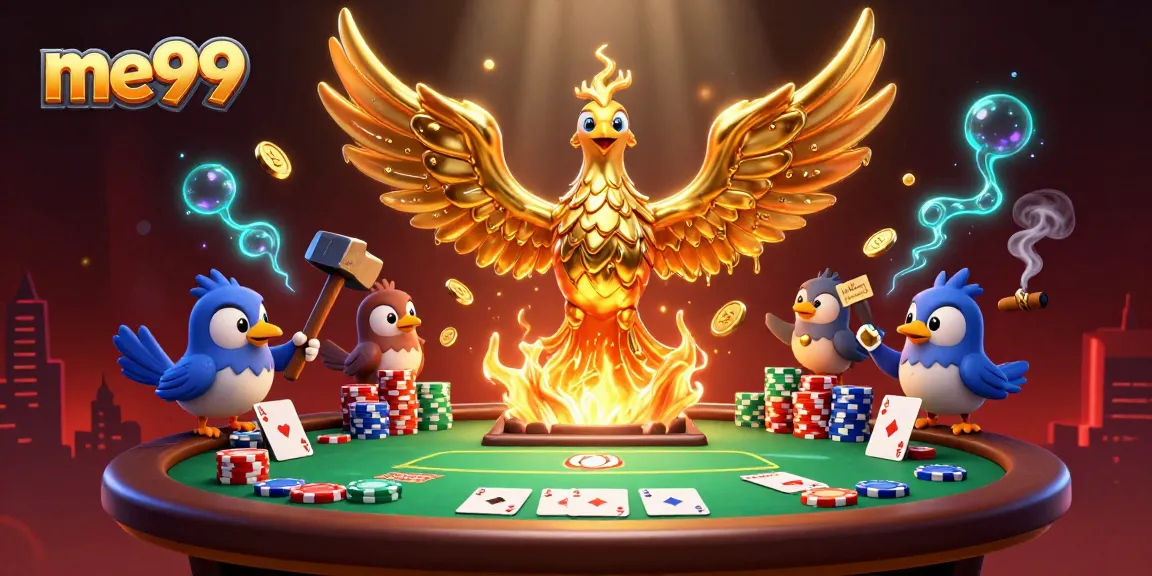 Experience thrilling gameplay at me99 casino with a lively 3D phoenix emerging from a poker scene.