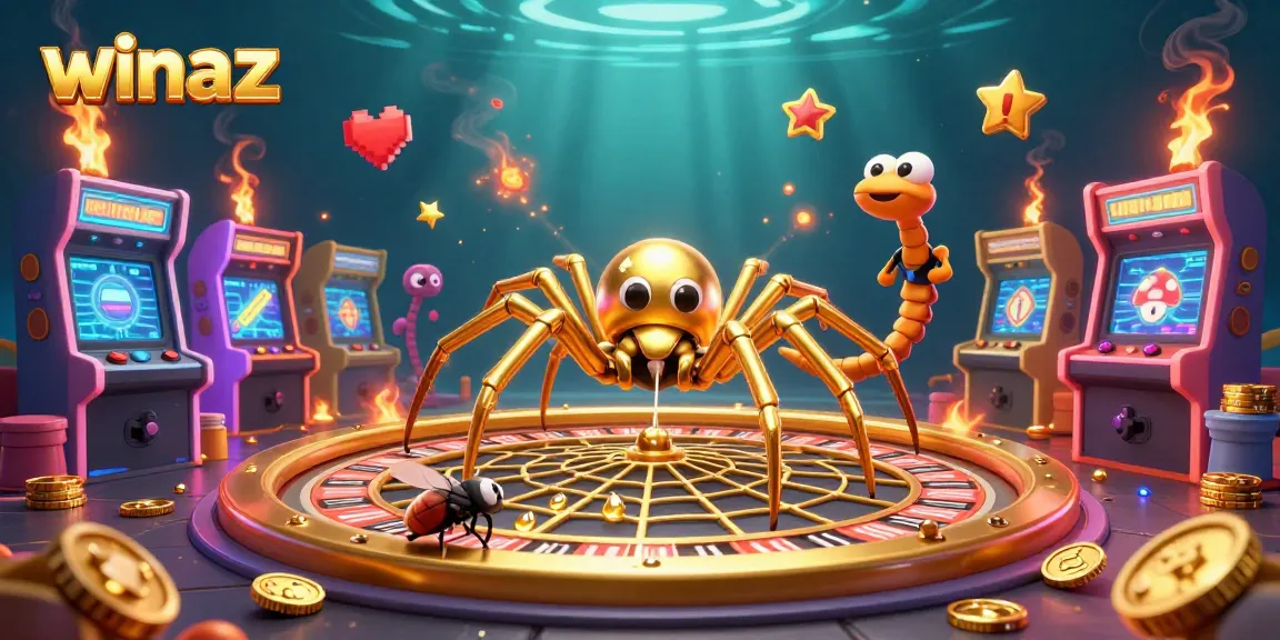 Experience the thrill of winaz as a nervous fly places bets at a roulette wheel web in this vibrant casino scene.