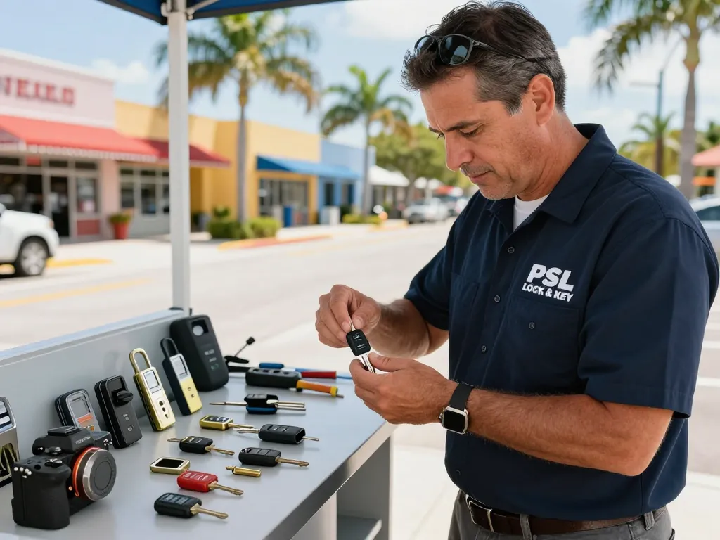 PSL Lock and Key Vero Beach locksmith programming car keys with tools in a sunny urban setting.