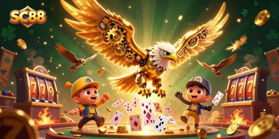 Experience thrilling SC88 gameplay with a cybernetic eagle soaring over vibrant casino elements.