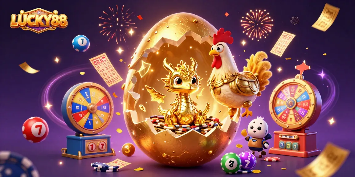 LUCKY88 unveils a dazzling scene with a golden egg, baby dragon, and casino elements.