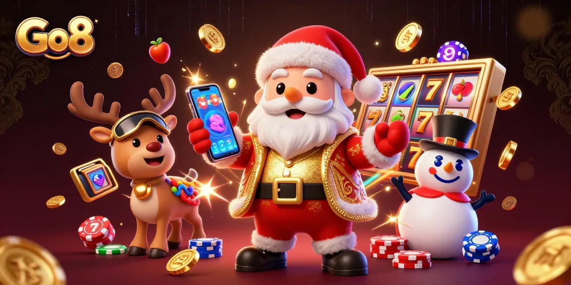 Spin jackpot slots at Go8 casino with Santa and friends in a lively 3D illustration.