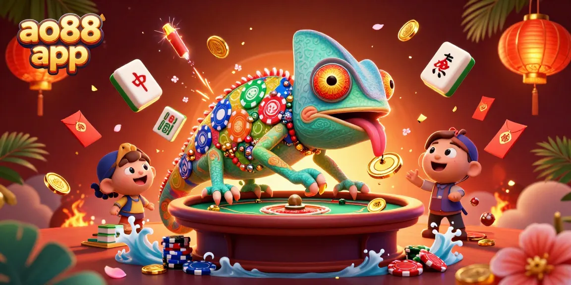 Experience vibrant gambling fun with ao88 app, featuring a dynamic chameleon casino owner and festive elements.
