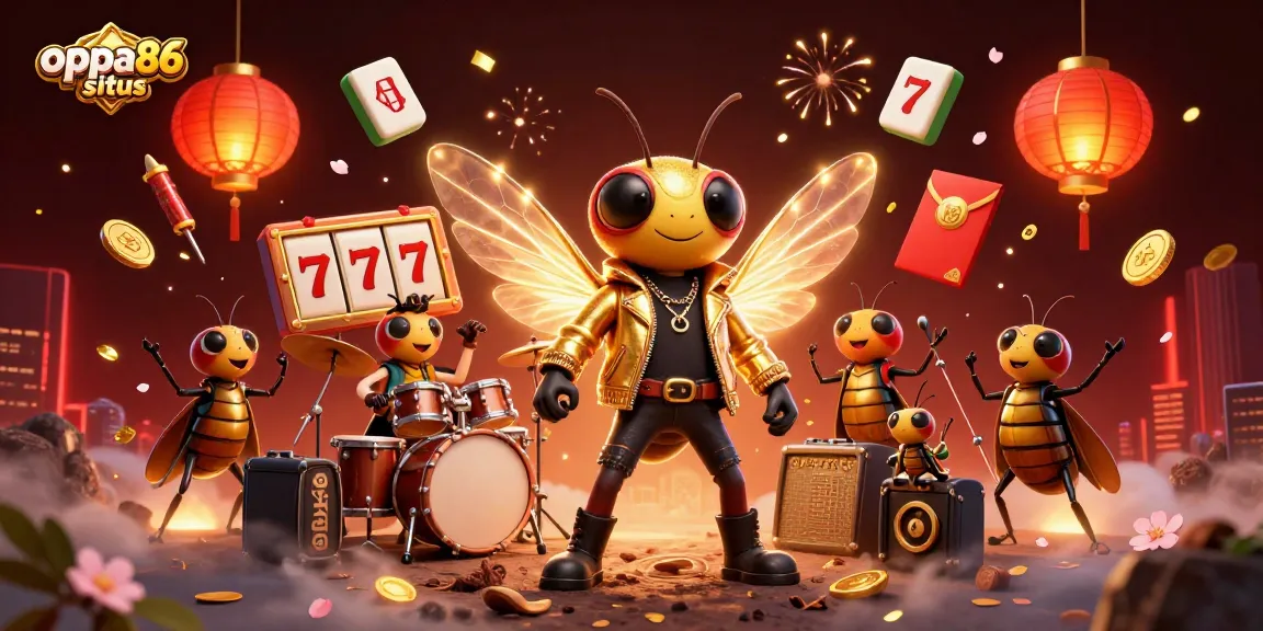 Engage with oppa86 situs in a vibrant casino-themed 3D illustration featuring a cicada rock star, showcasing joyful gameplay.