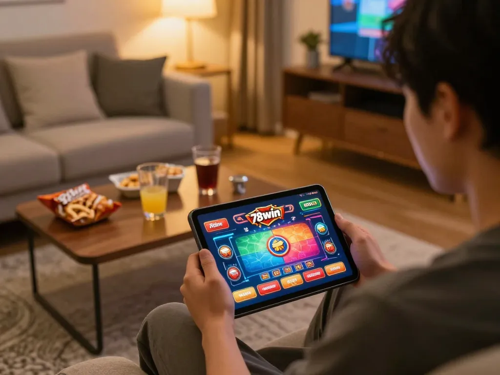 Experience thrilling gameplay on 78win with a cozy home setup while using a tablet for online gambling.