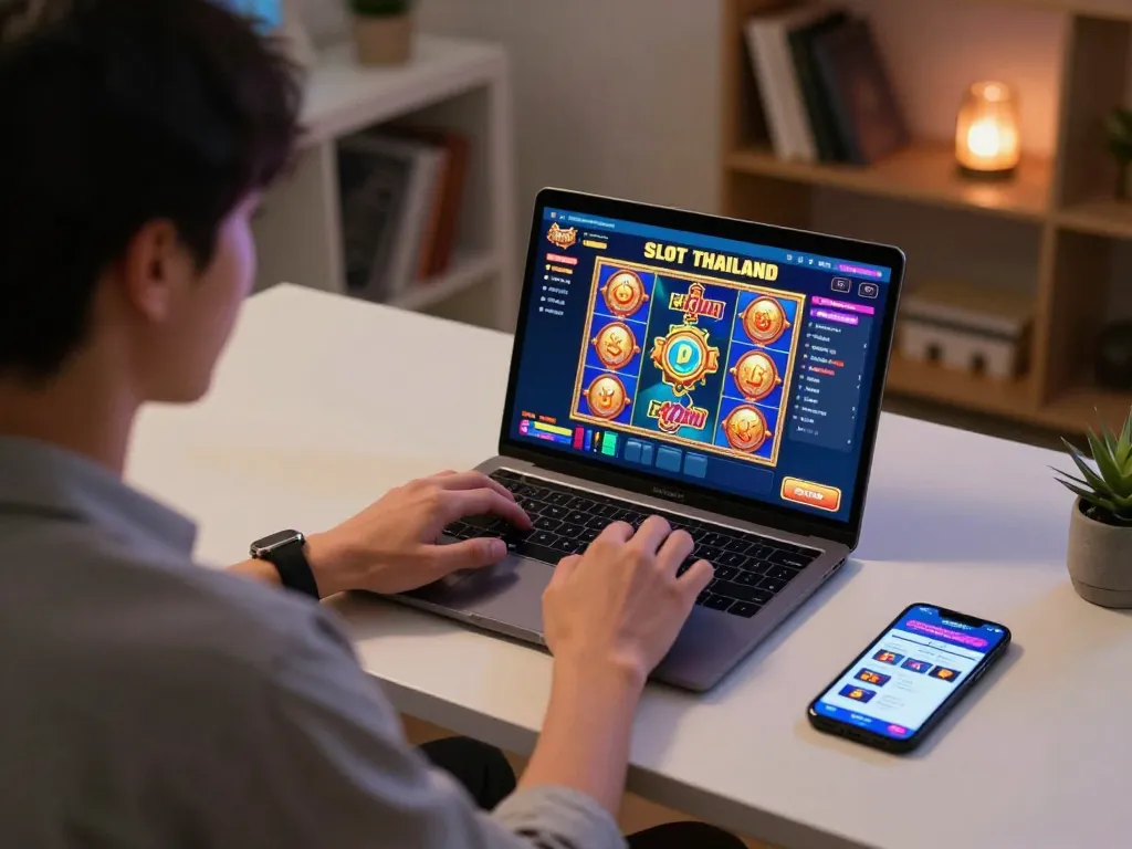 Engaging with Slot Thailand interface for online gambling game strategies from home setup.