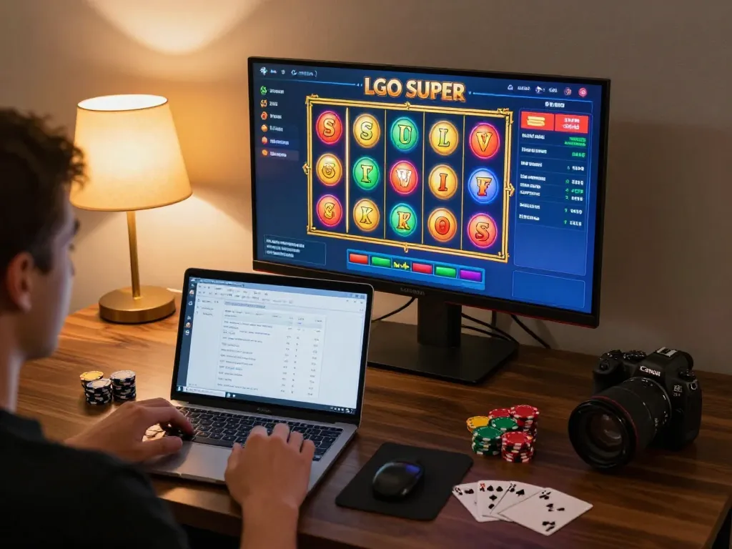 Playing exciting LGO SUPER slots on a laptop, showcasing a thrilling online gaming experience.