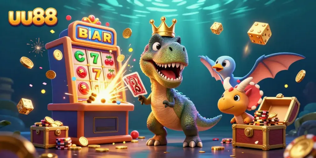 Experience excitement at uu88 with vibrant characters and casino elements in a lively 3D illustration.