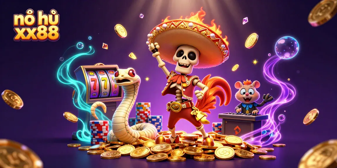 Experience nổ hũ xx88 excitement with vibrant slot scenes, golden coins, and thrilling jackpots.