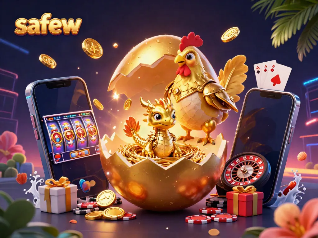 Experience safew's secure gaming with a baby dragon, golden hen, and vibrant casino elements in a dynamic illustration.