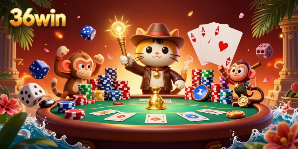 Exploring the 36win casino world with a cartoon archaeologist cat and treasure, surrounded by vibrant poker elements.