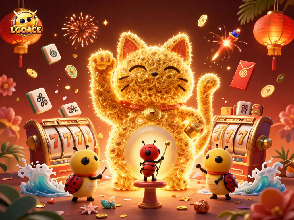 LGOACE showcases an enchanting 3D digital illustration of a lucky cat formed by fireflies, surrounded by vibrant casino symbols.