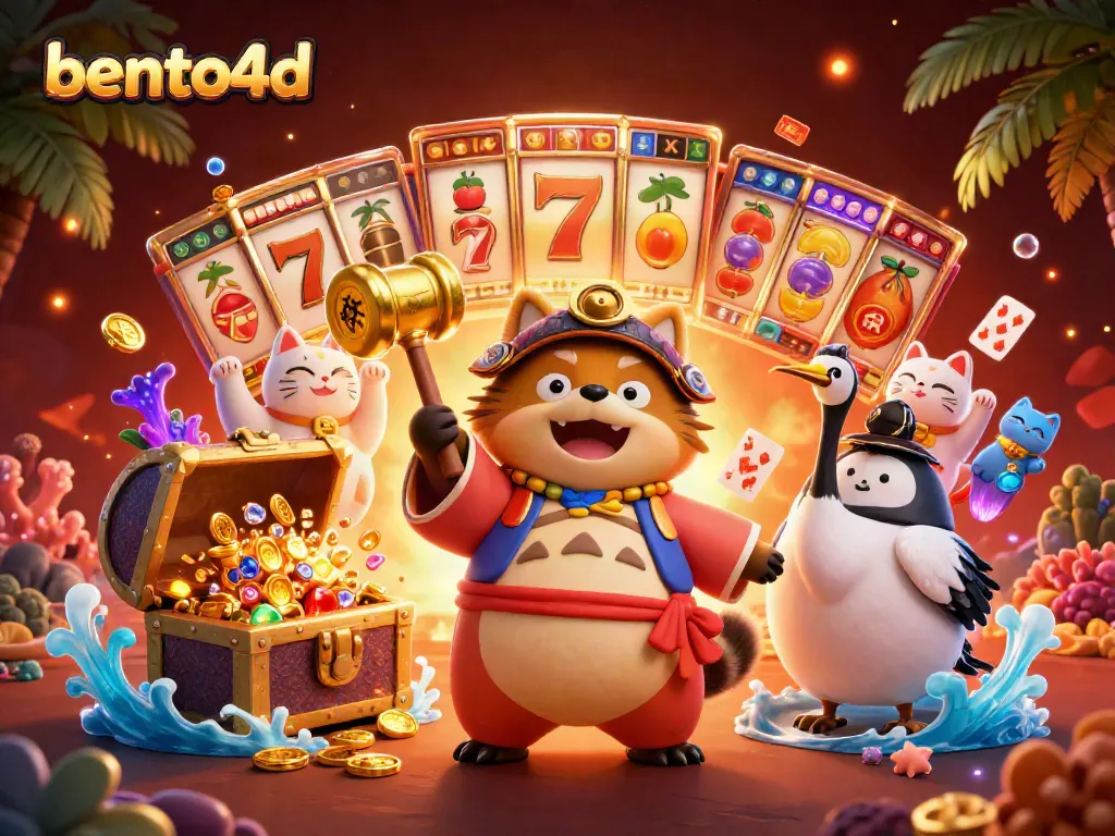 Bento4D slot theme illustration featuring a tanuki, crane, and waving fortune cats with vibrant gambling elements.