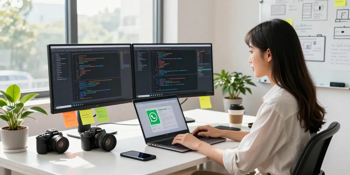 Workspace featuring WhatsApp電腦版 on a laptop in a bright office, showcasing modern tech innovation.