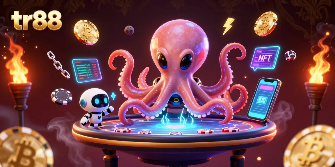 Engage in thrilling gameplay at tr88 with alien octopus and robotic companion amid floating poker chips.