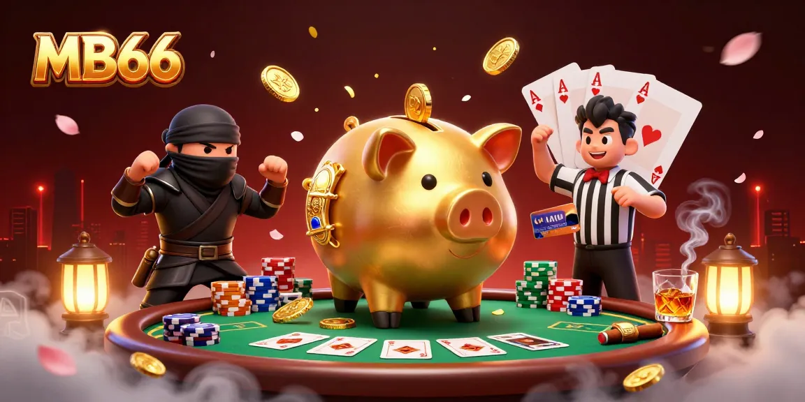 Experience thrilling action at MB66 with a golden piggy bank sumo wrestler and dynamic poker elements.