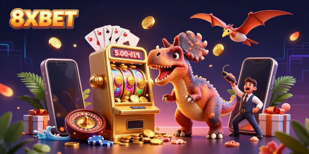 Experience thrilling jackpots at 8XBET where cartoon dinosaurs delight in winnings.