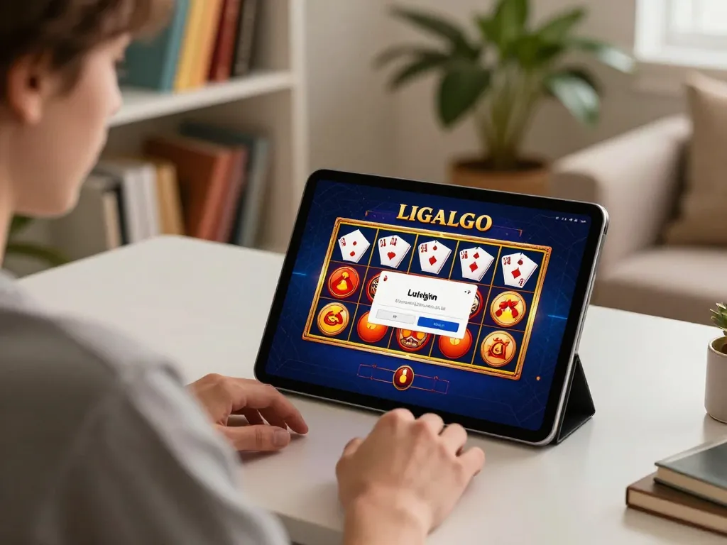 LIGALGO Login screen displayed on a tablet showcasing slot games, ideal for home gaming