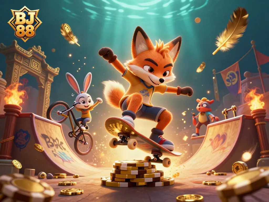 BJ 88 skater fox performing tricks over golden poker chips in a vibrant casino scene.