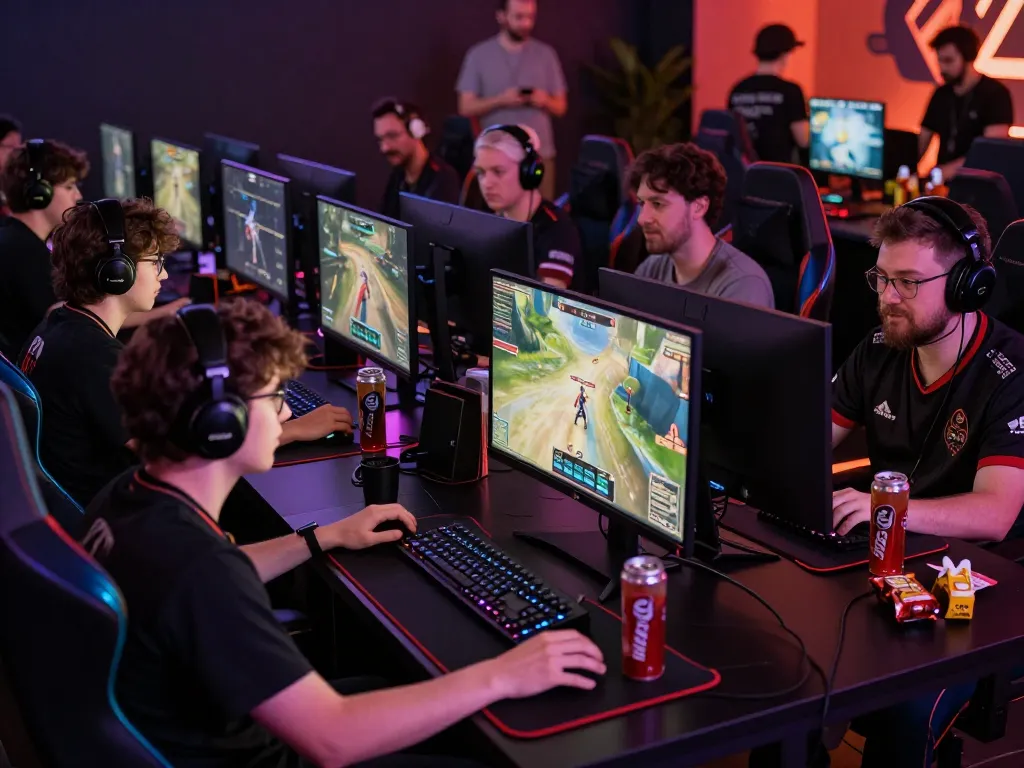 Players at ligasedayu.com intensely focused on a competitive eSports game in a modern gaming lounge.