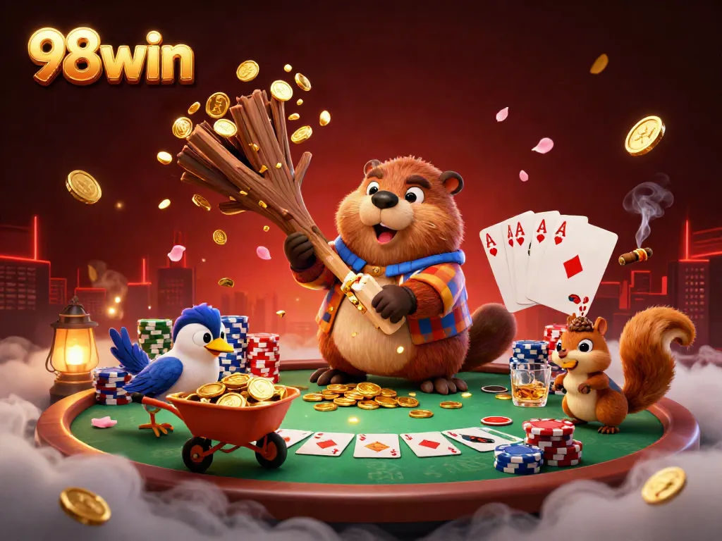 Experience the dynamic world of 98win as cartoon characters engage in casino-themed fun with poker elements, coins and vibrant colors.