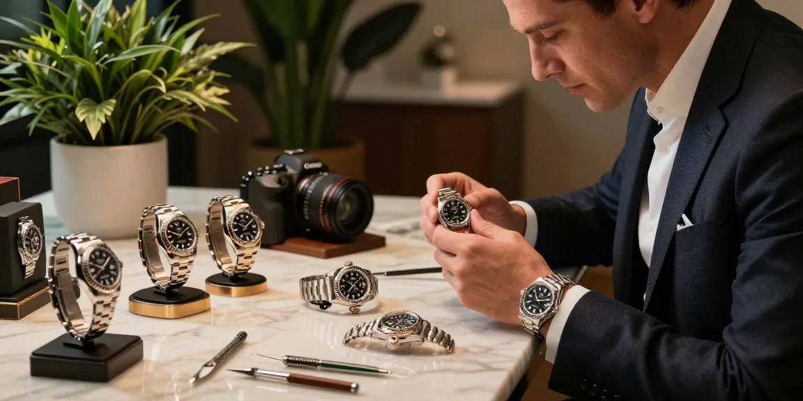 Close-up of rolex super clone watches on display, emphasizing luxury and craftsmanship.