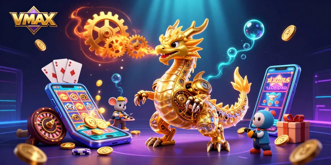 VMAX online casino illustration showcasing vibrant slot games and engaging character elements.