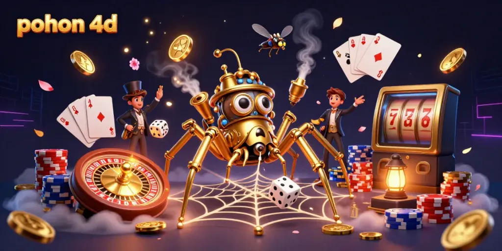 Pohon 4d spider webbing golden chains with game elements illustrating online gaming excitement.