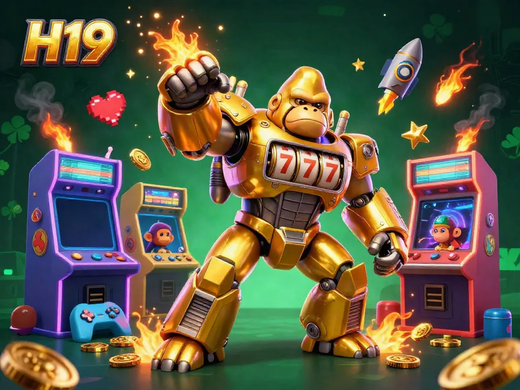 Experience the thrill of H19 with a dynamic golden mech slot machine scene full of action
