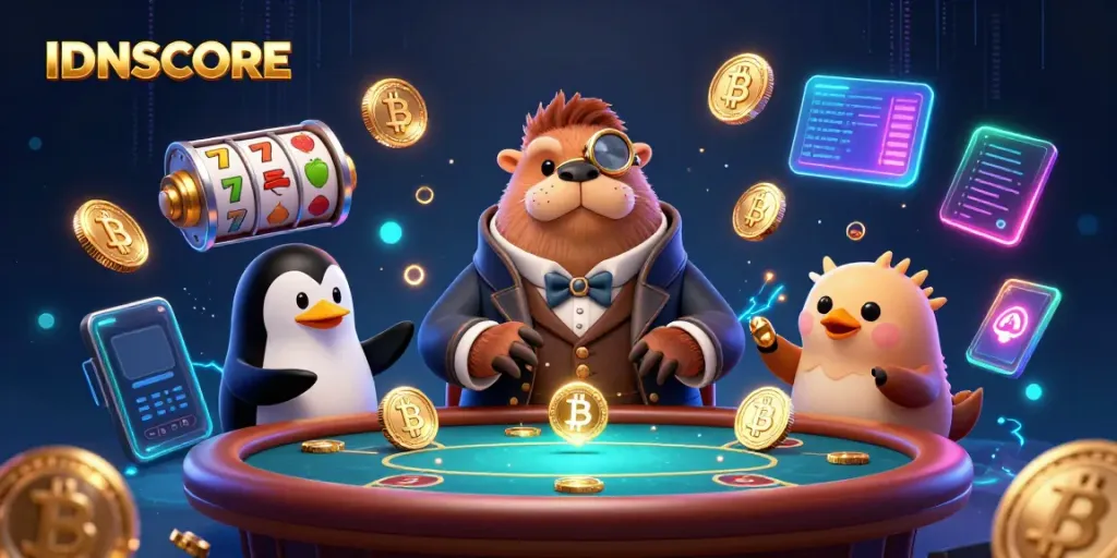 Experience the thrilling interaction at IDNSCORE's underwater poker table featuring vivid cryptocurrency elements.
