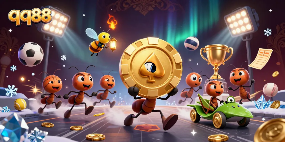 Engage in thrilling gameplay with qq88 as ants pull off a heist featuring a giant poker chip and sports elements.