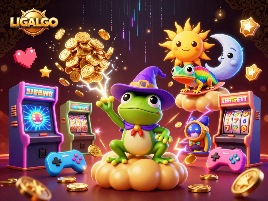 LIGALGO showcases an enchanting casino scene with 3D wizard and chameleon amid vibrant gaming elements.